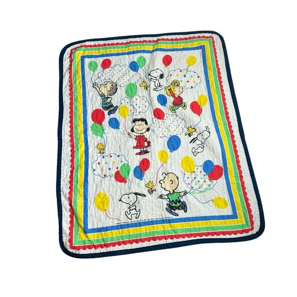 Vintage Peanuts Snoopy Baby Blanket Balloons Clouds Quilt Charlie Brown 34x42 80 - Picture 1 of 4